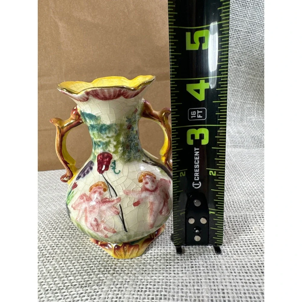 Vintage Japan Cherub Vase Crackle Glaze Double Handle Putti‎ Cottage Decor 4.5